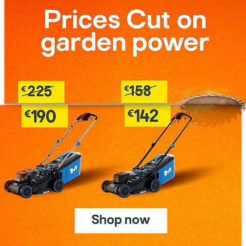 Prices cut on garden power. Includes Mac Allister 1700W 38cm Corded Push Lawnmower was €225 now €190 and Mac Allister 18V Cordless 34cm Push Lawnmower was €158 now €132. Shop now