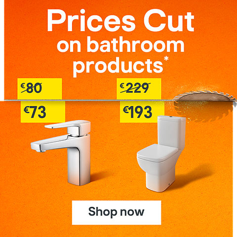 Prices cut on bathroom products, includes GoodHome Teesta Standard Basin Mixer Tap was €80 now €73, and Cooke & Lewis Santoro White Close-coupled Toilet with Soft close seat was €229 now €193. Terms & conditions apply, see the *Terms & conditions at the end of the page. Shop now